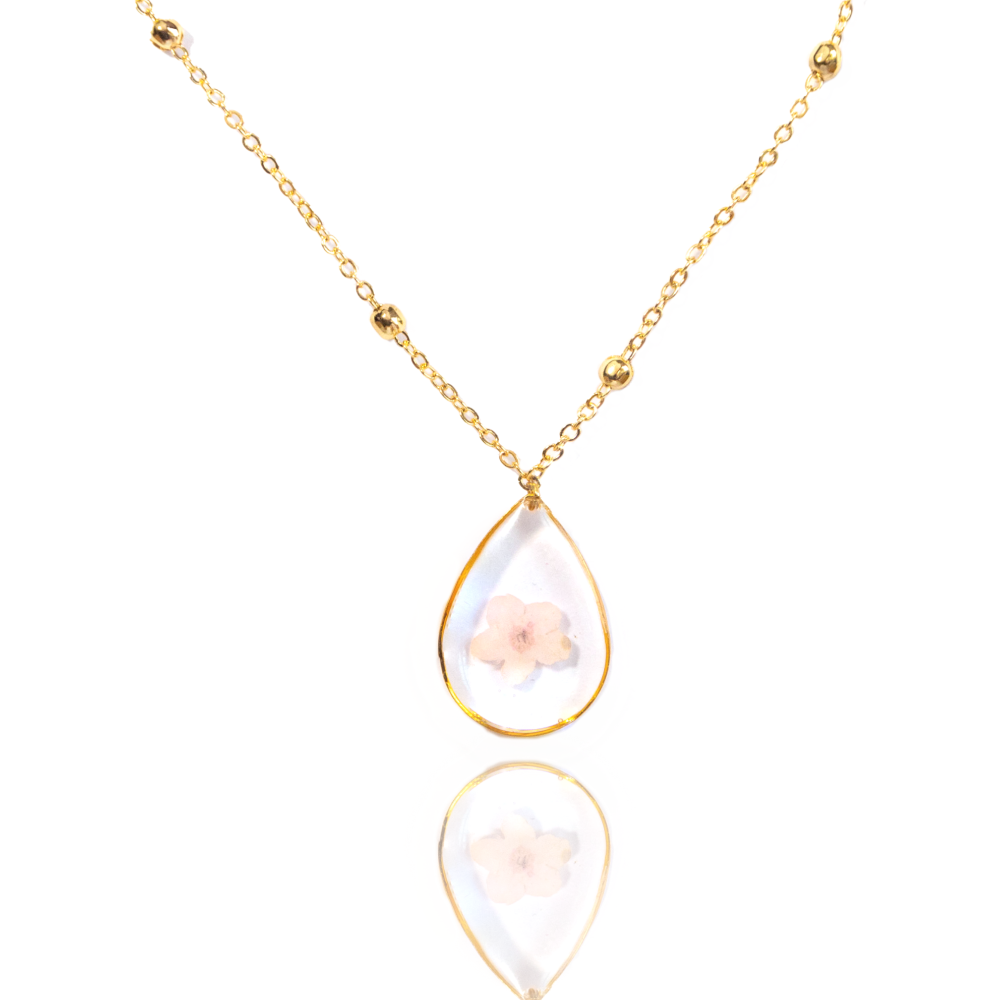 Allie and Posie Aimee Tear Drop Necklace with Pink Forget-Me-Nots