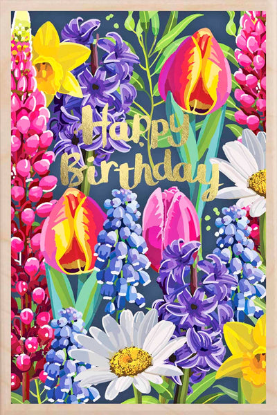 Happy Birthday Floral Wooden Postcard