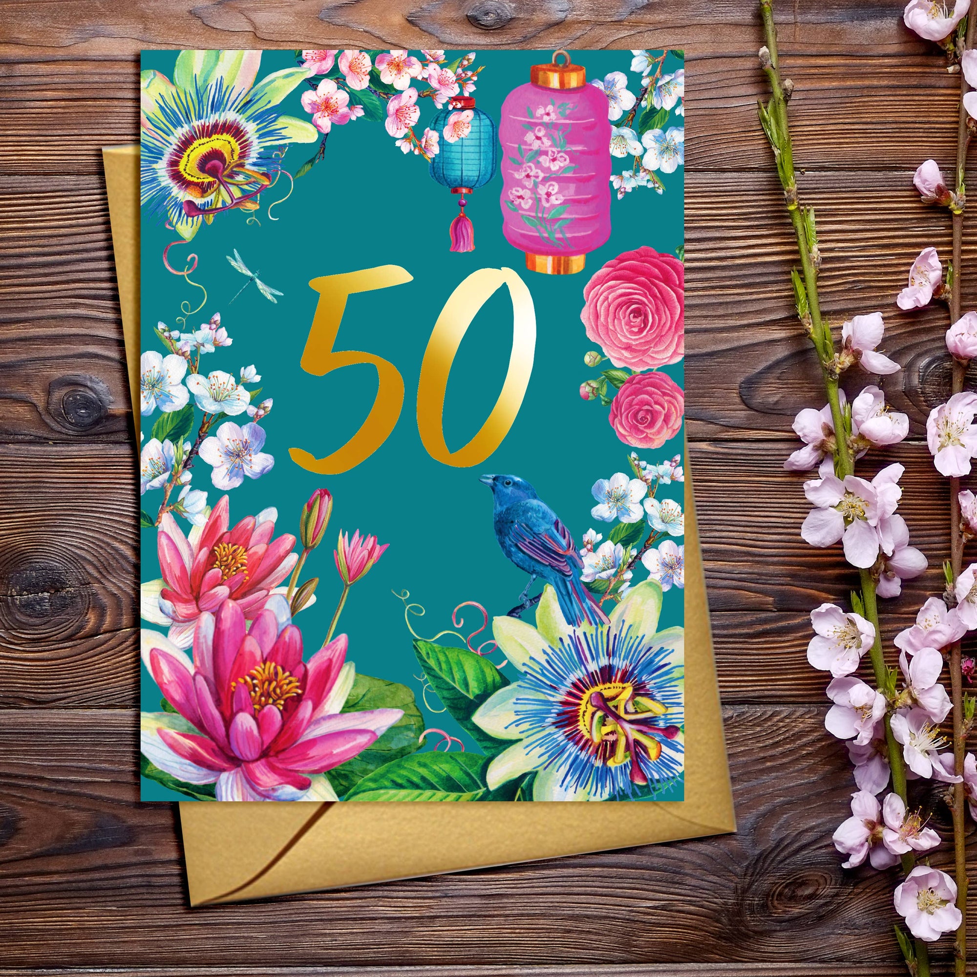 50th Birthday Flower &  Lanterns Card With Gold Detail