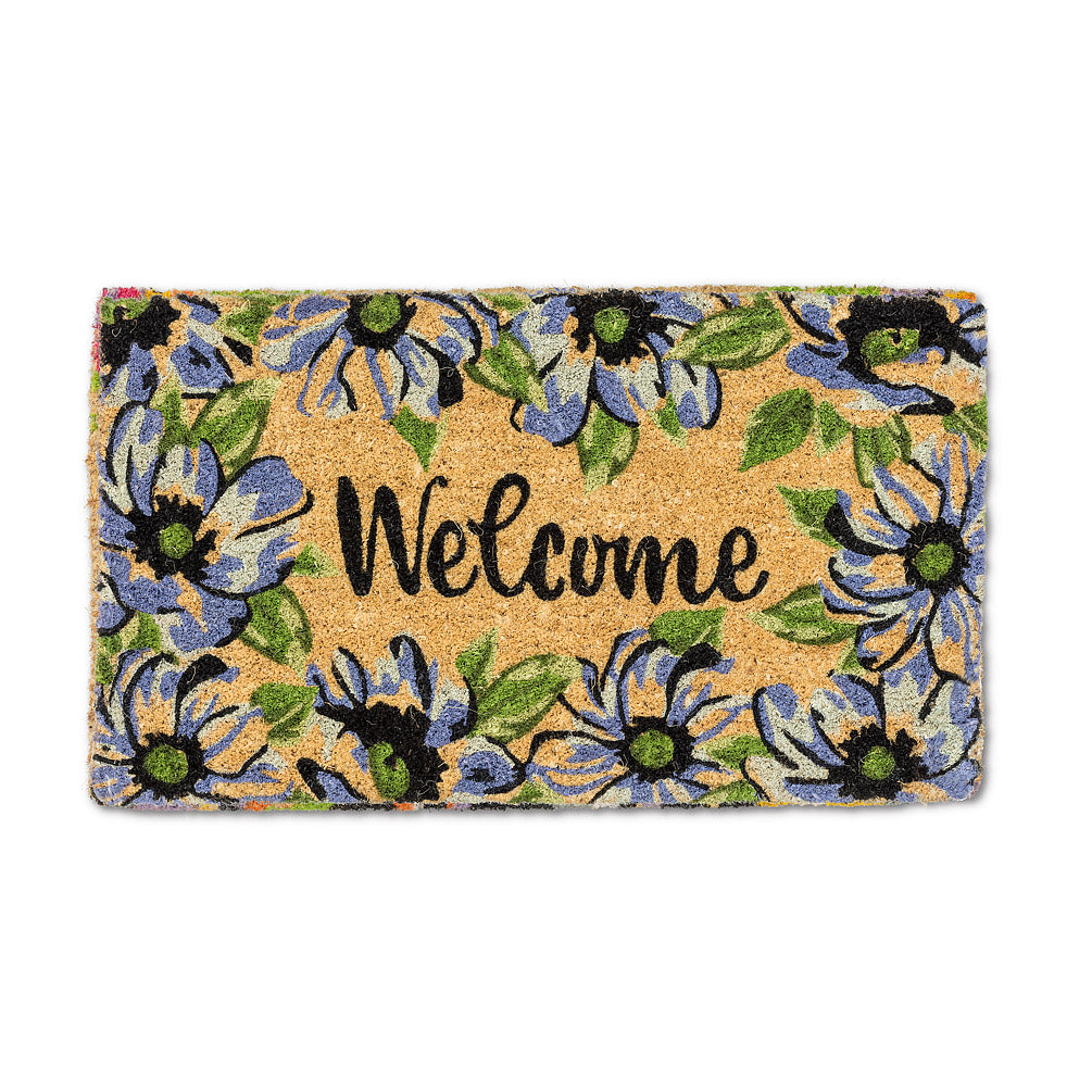 "Welcome" Blue Floral Doormat  | Putti Fine Furnishings Canada