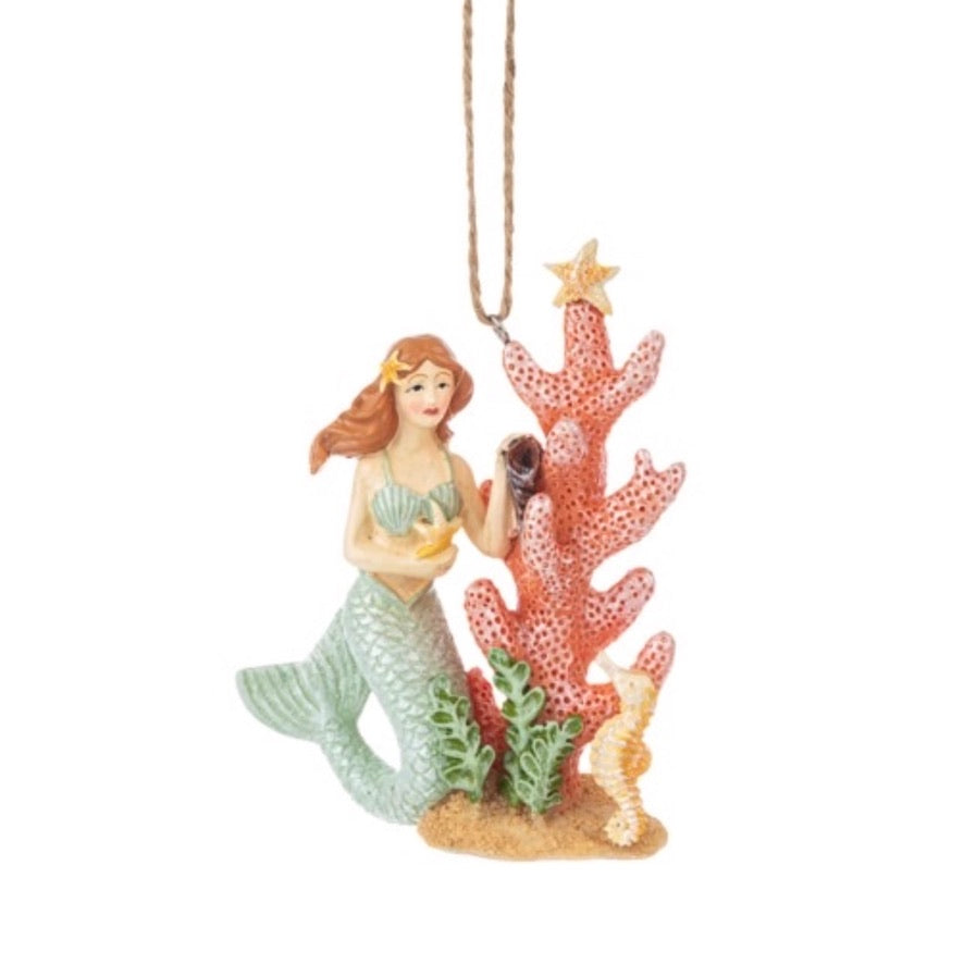 Mermaid with Coral Resin Ornament | Putti Fine Furnishings 