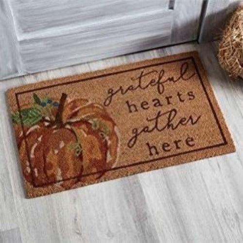 "Grateful Hearts Gather Here" Pumpkin Doormat | Putti Fine Furnishings Canada