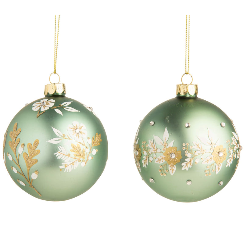 Matte Light Green Glass Ball Ornament with Gold Flowers