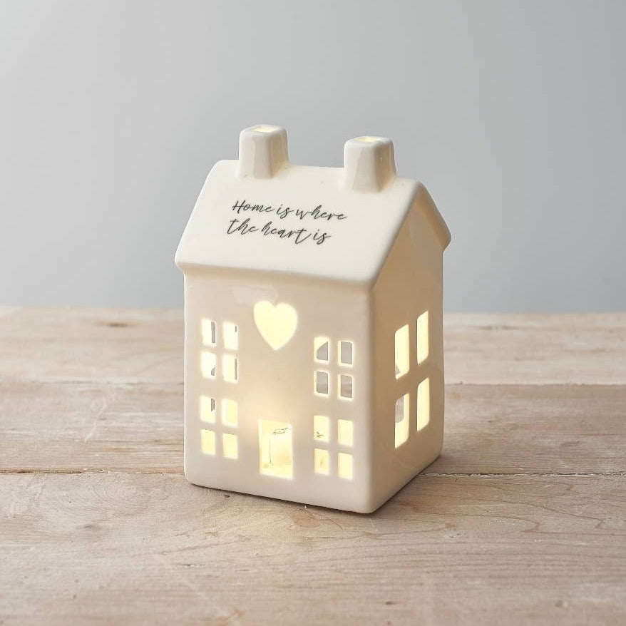 "Home is Where the Heart Is" White Ceramic House Tea Light Holder | Putti 