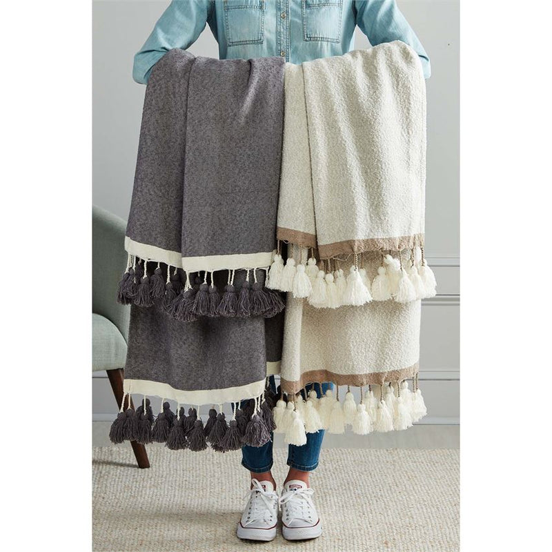 Mud Pie Grey Tassel Throw with Border | Putti Fine Furnishings 