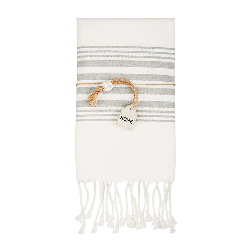 Stripe Turkish Towel with Wooden "Home" Tag - Grey