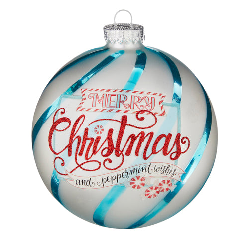 Merry Christmas and Peppermint Wishes Glass Ball Ornament | Putti Christmas 