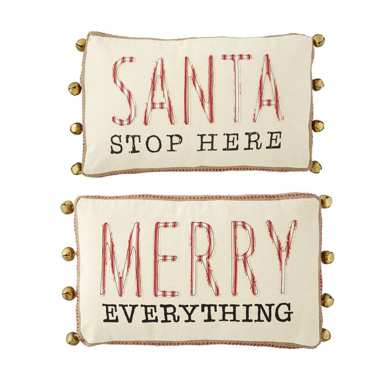 Mud Pie "Santa Stop Here" Christmas Pillow with Bells