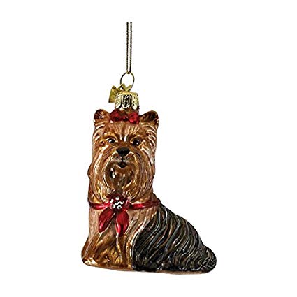 Kurt Adler Yorkshire Terrier with Red Bow Glass Dog Christmas Ornament  | Putti Christmas 