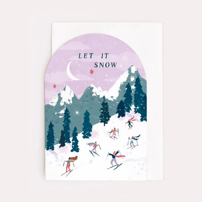 Skiers "Let it Snow" Arched Christmas Card