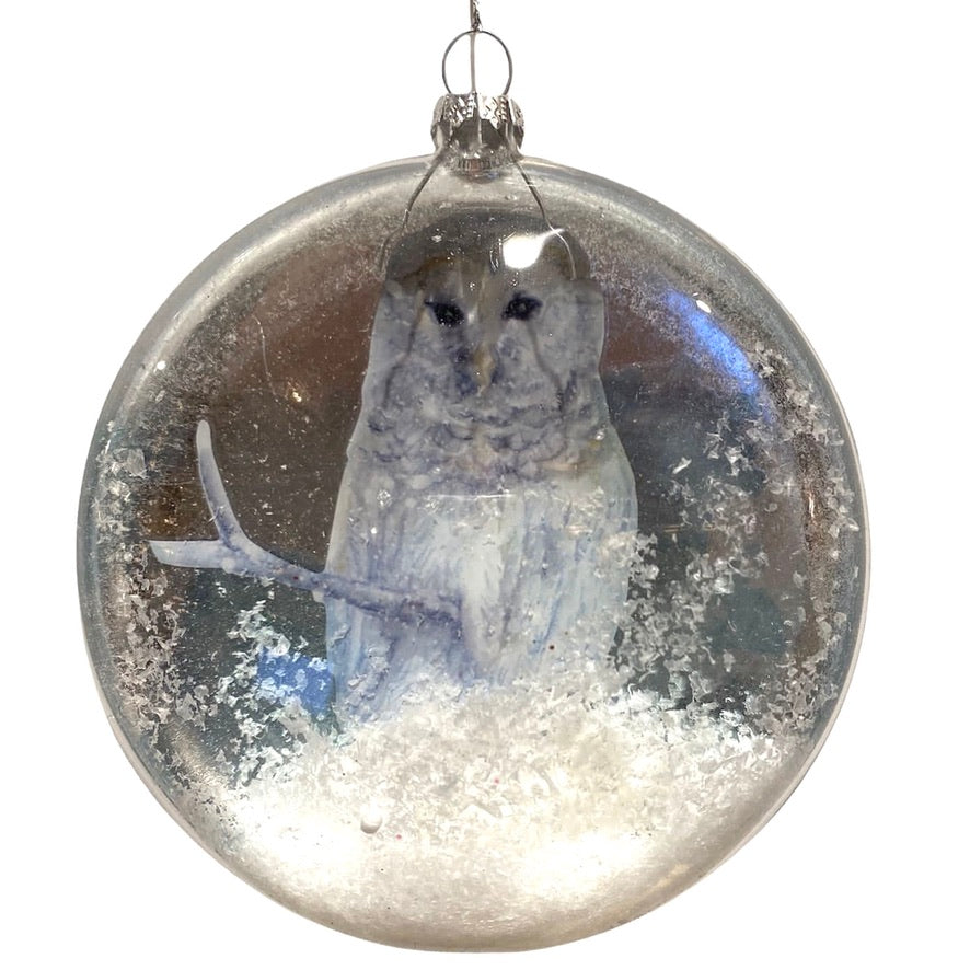 White Owl with Snow Glass Disc Ornament