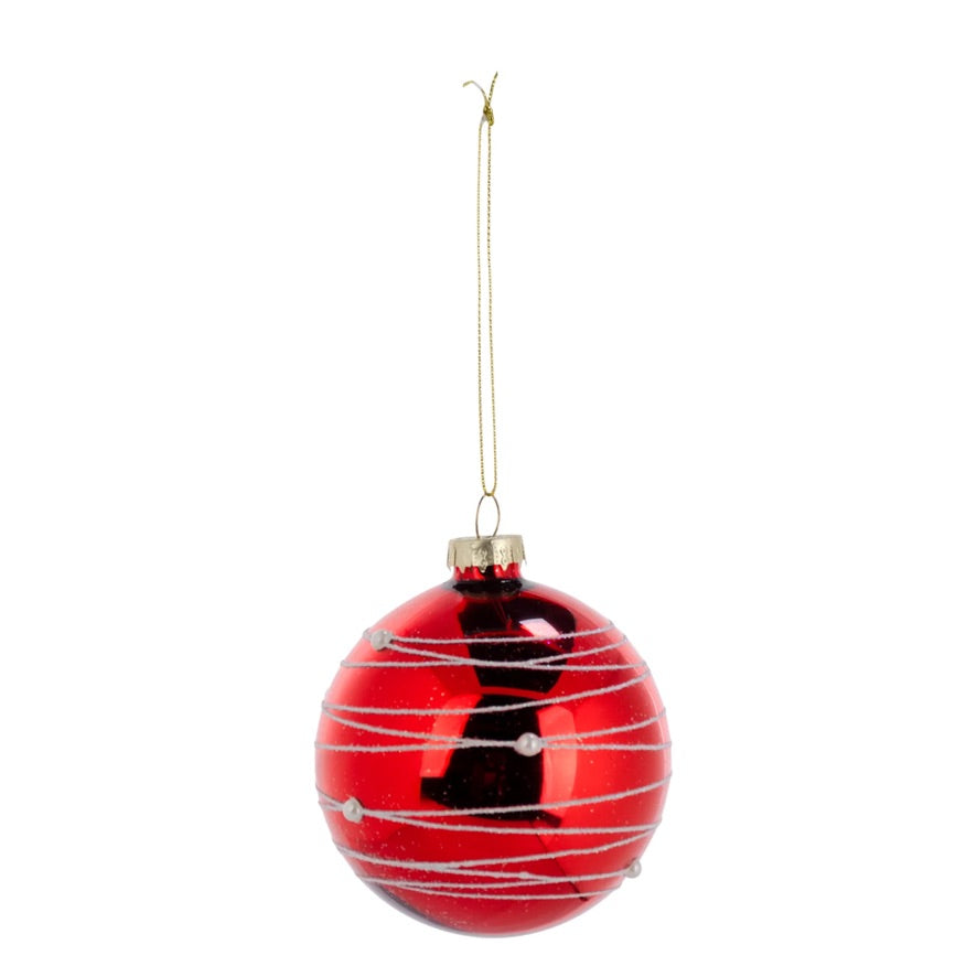 Red with White Glitter Lines Glass Ball Christmas Ornament | Putti 