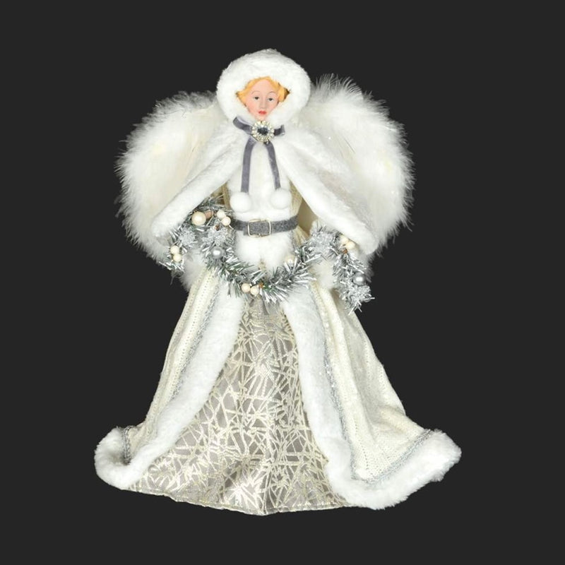 Silver and White with Tinsel Garland Angel Tree Topper | Putti Christmas Decorations 