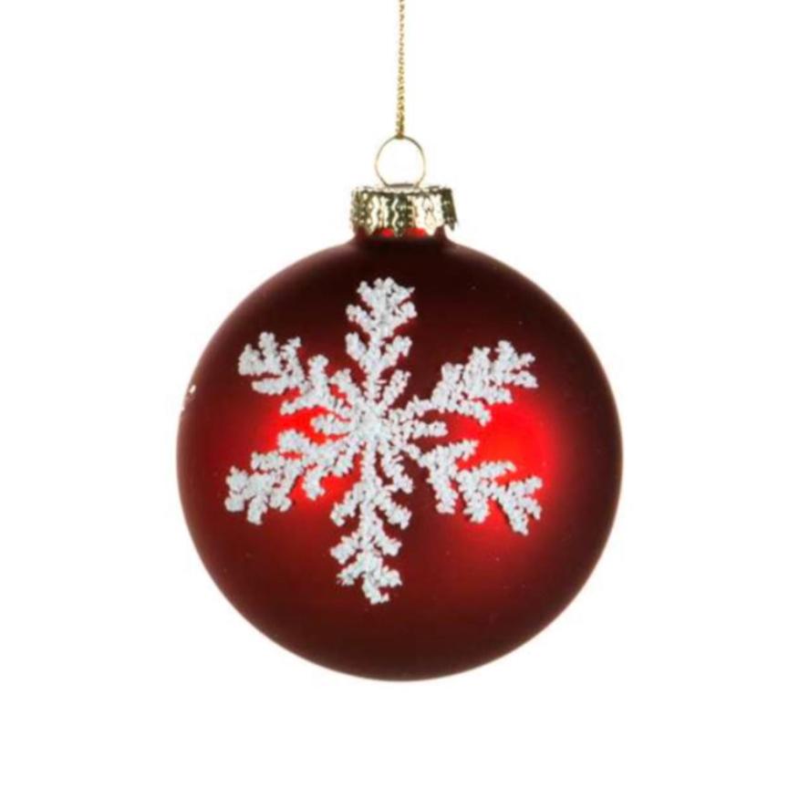 Matte Red with White Snowflake Glass Ball Ornament | Putti Christmas Decorations