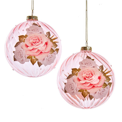 Kurt Adler Boho Chic Rose Decal Pink Glass Ball Ornament | Putti Christmas