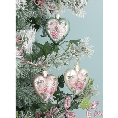 Heart with Pink Roses Glass Ornament - Green
