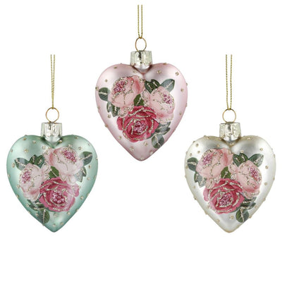 Heart with Pink Roses Glass Ornament - Green