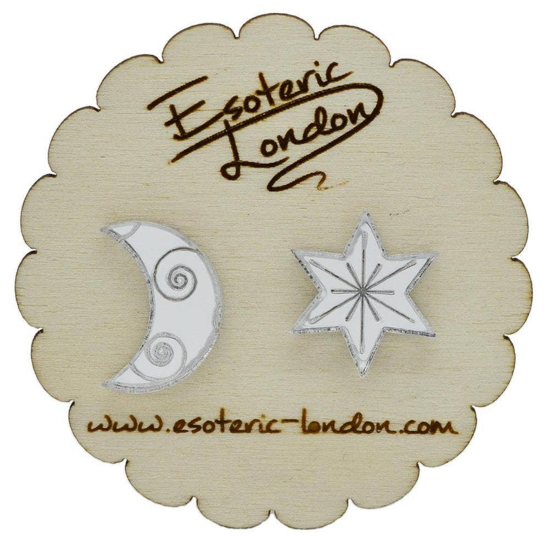 Esoteric London Jewellery - Star and Moon Mirrored Stud Earrings - Silver