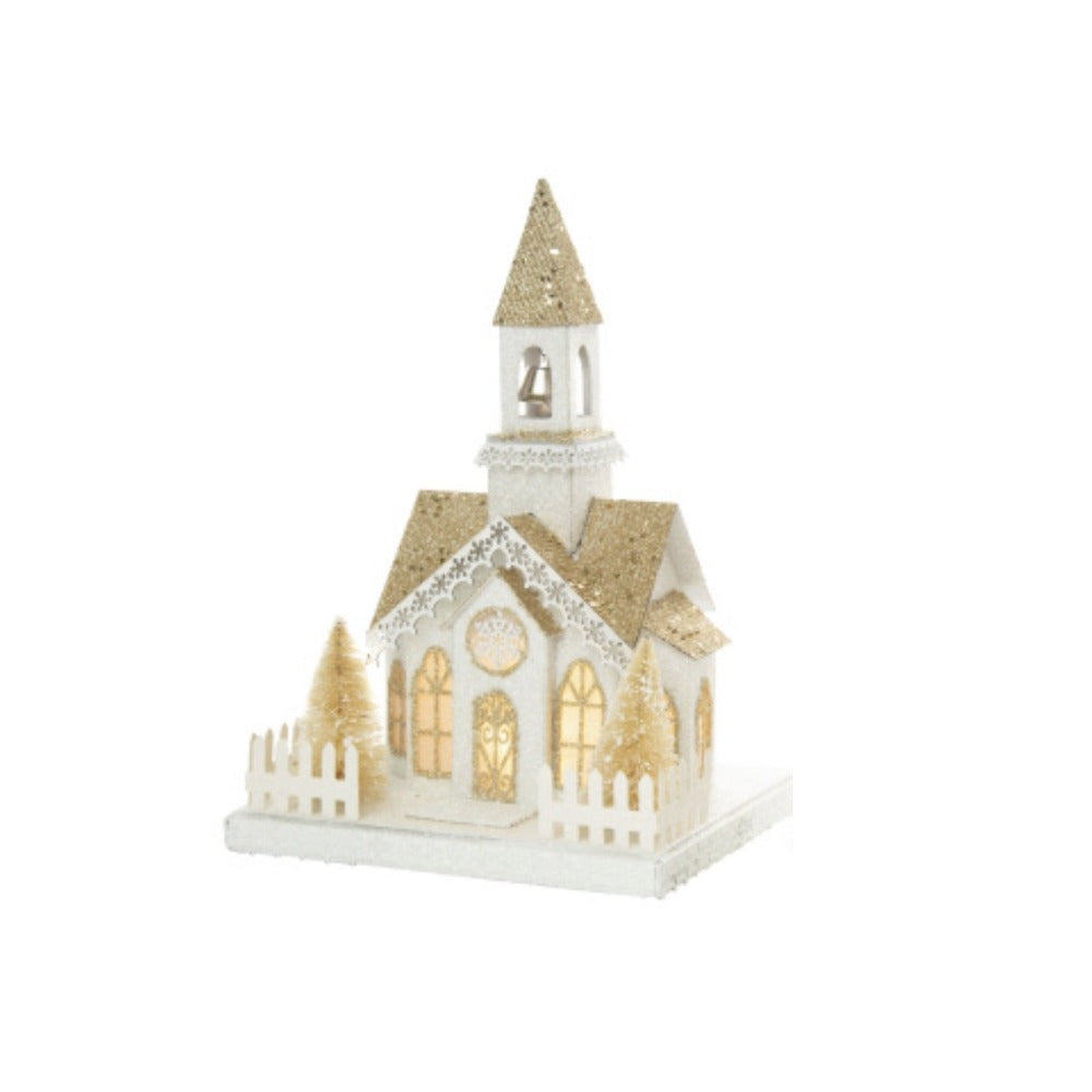 White and Gold Glittered Cardboard Church with LED