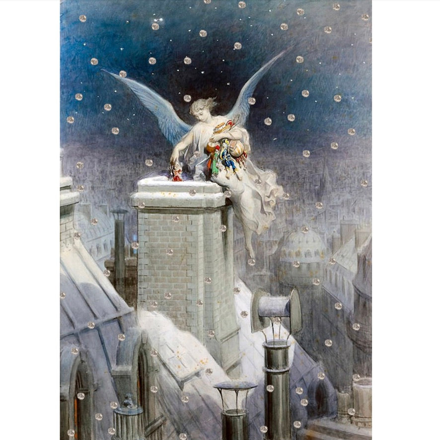 Angel on Rooftop Hand Glittered Christmas Card | Putti Christmas Canada 