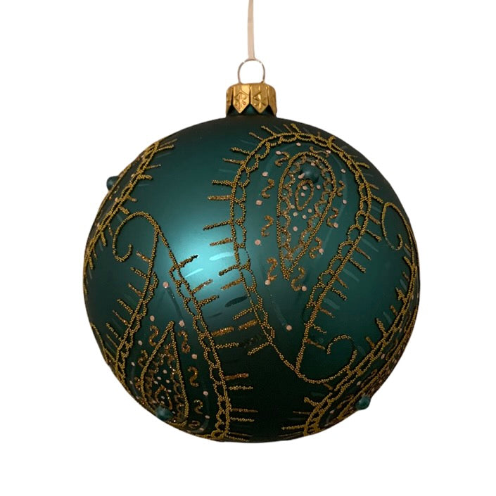 Matte Turquoise with Gold Paisley Large Glass Ball Ornament