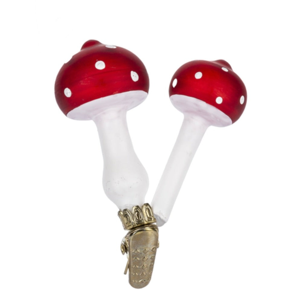 Double Red and White Toadstool Glass Clip Ornament