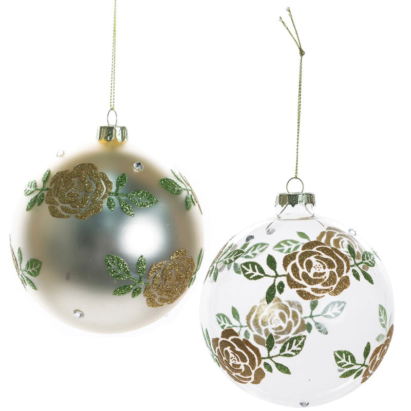 Matte Ivory Glass Ball Ornament with Gold Roses