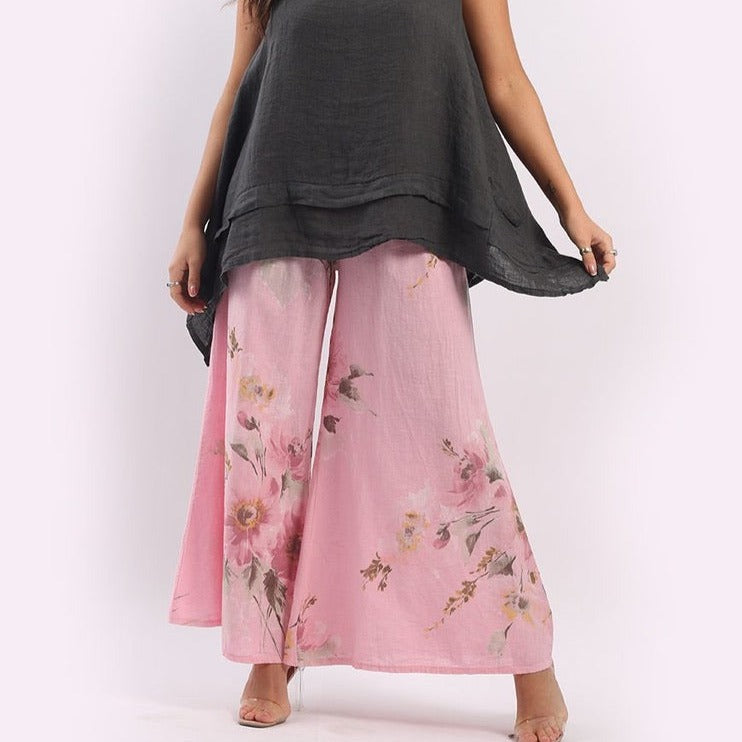 Floral Print Linen Palazzo Pants - Pink