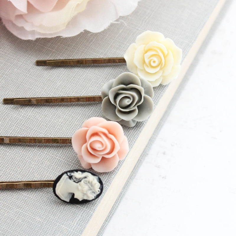 A Pocket of Posies - Flower Bobby Pins - Blush Pink Rose and Black Cameo