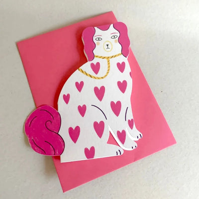 Staffordshire Pottery Dog Card - Pink Hearts