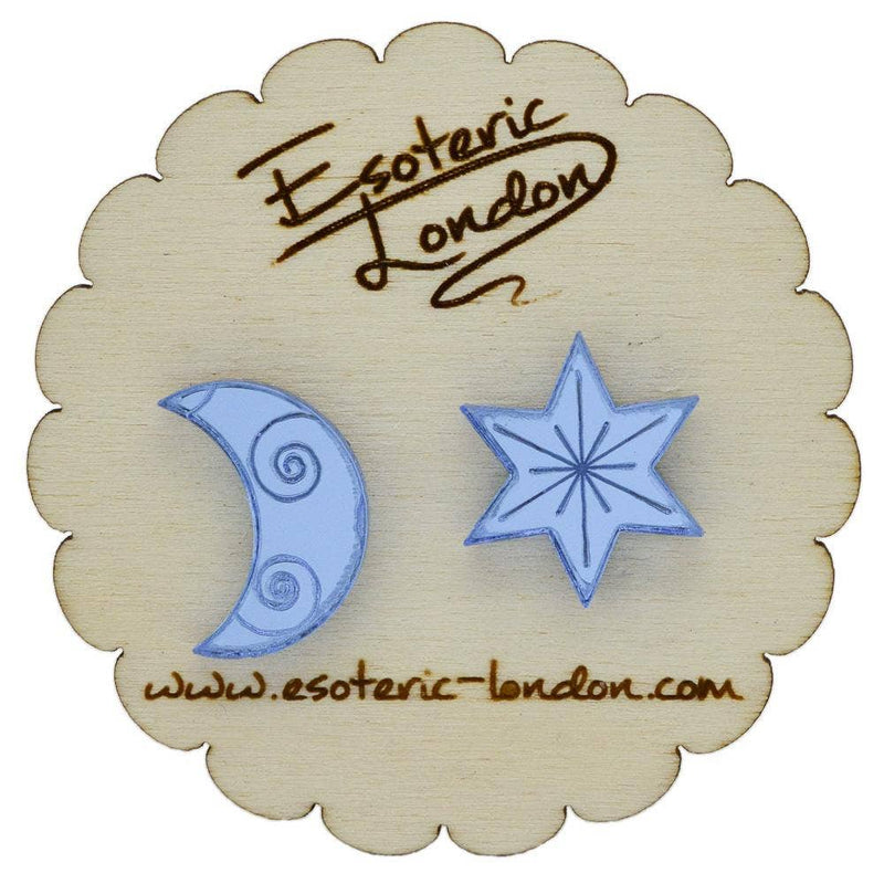 Esoteric London Jewellery - Star and Moon Mirrored Stud Earrings - Light Blue | Putti 