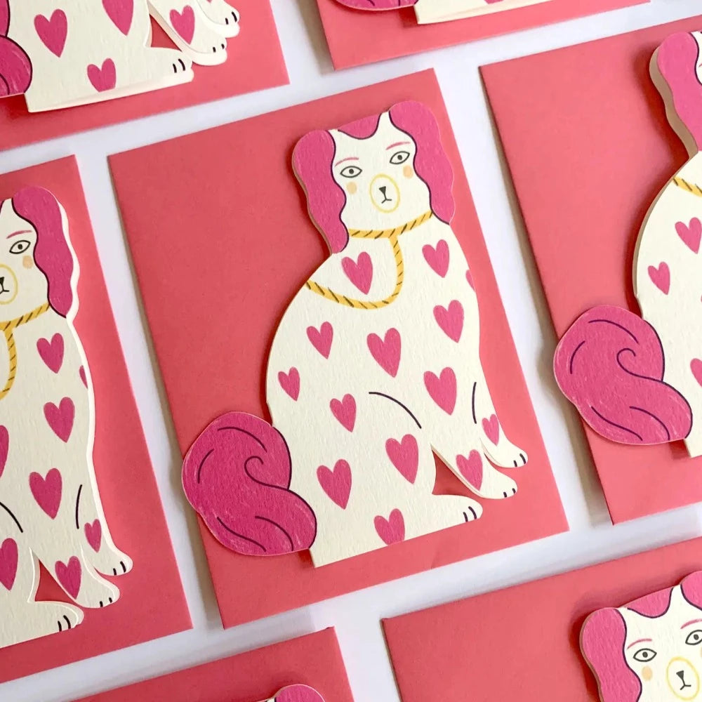 Staffordshire Pottery Dog Card - Pink Hearts