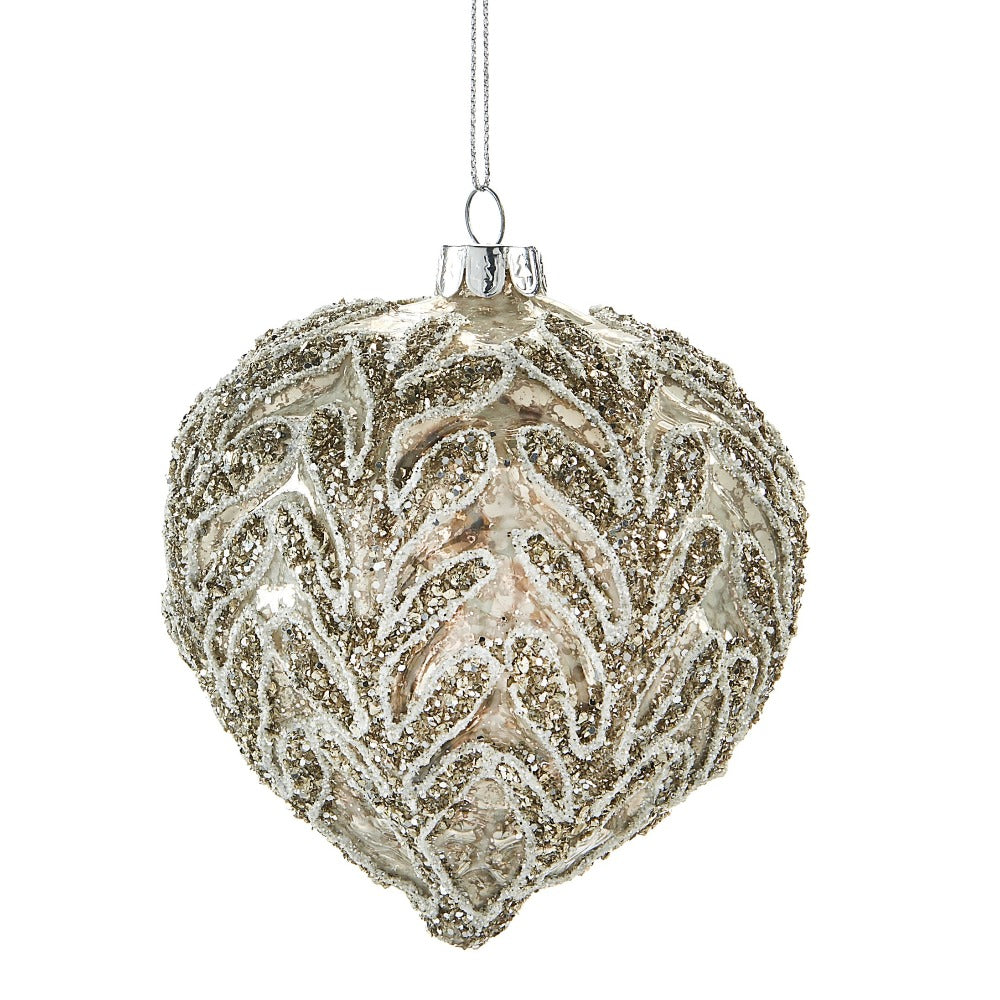 Glittered Silver Leaves Glass Onion Ornament | Putti Christmas 