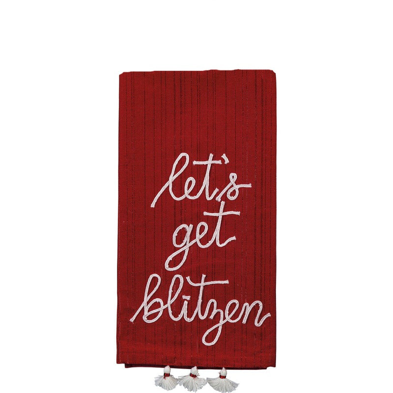 "lets get blitzen" Red Tea Towel with Pom Poms  | Putti Christmas Celebrations 