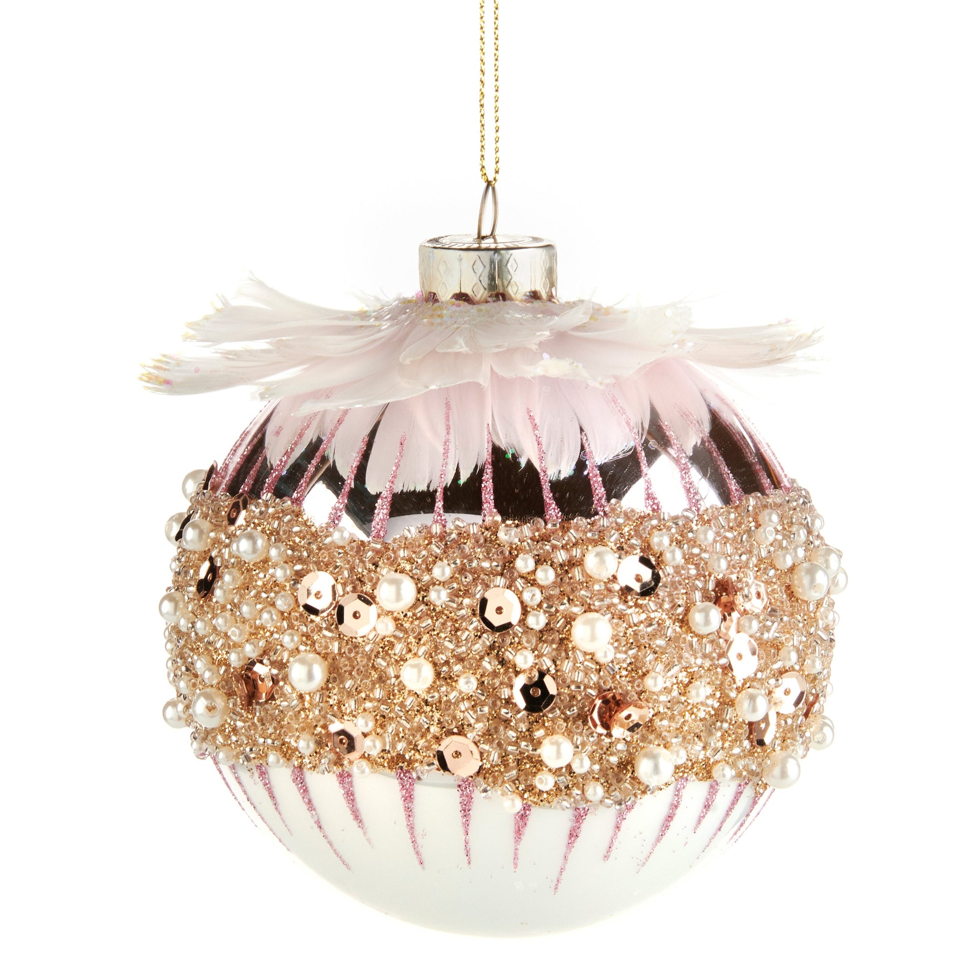 Pink Feather and Jewels Glass Ball Ornament
