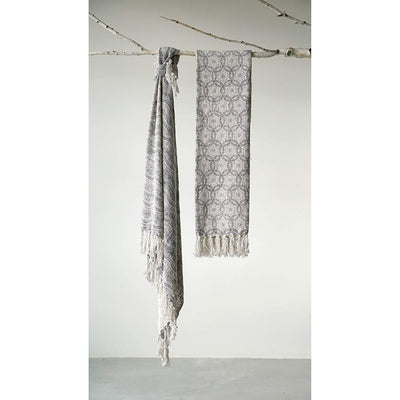 Blue Geometric Pattern on Ivory Cotton Throw