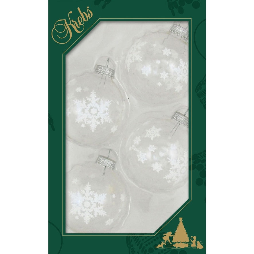 White Snowflakes Clear Glass Ball Ornaments- set of 4 | Putti Christmas Decorations 