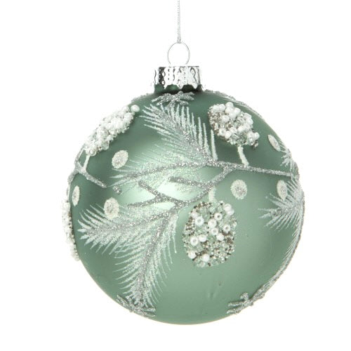 Matte Aqua Glass Ball Ornament with Frosty Pine | Putti Christmas 