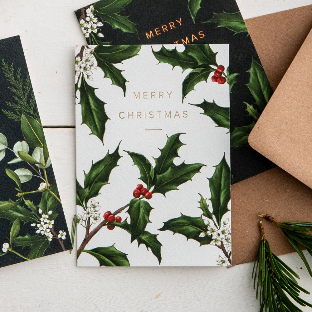 Holly Border White Christmas Greeting Card | Putti Christmas 