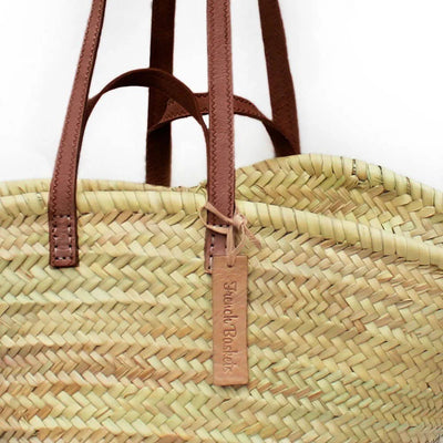 Double Flat Leather Handle Straw Basket | Putti Fine Fashions Canada