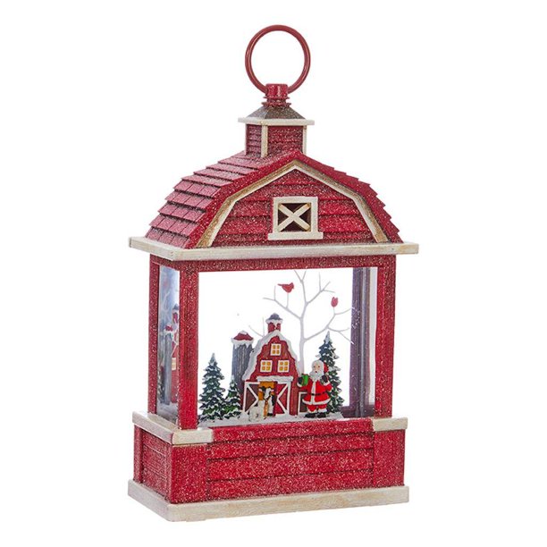 Santa in Red Barn Lantern with Perpetual Snow and LED