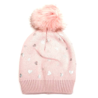 Faux Fur Pom Pom Hat with Silver Hearts - Pale Pink