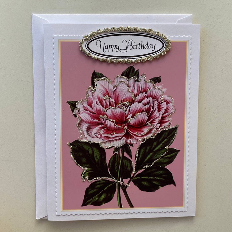 Hand Glittered "Happy Birthday" Peony Greeting Card
