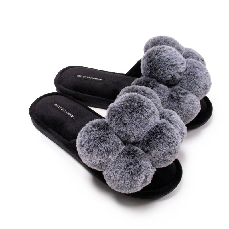 Pretty You London Black Dolly Pom Pom Slippers | Putti Fine Fashions 