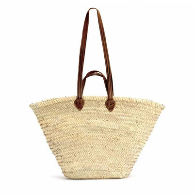 Double Flat Leather Handle Straw Basket | Putti Fine Fashions Canada