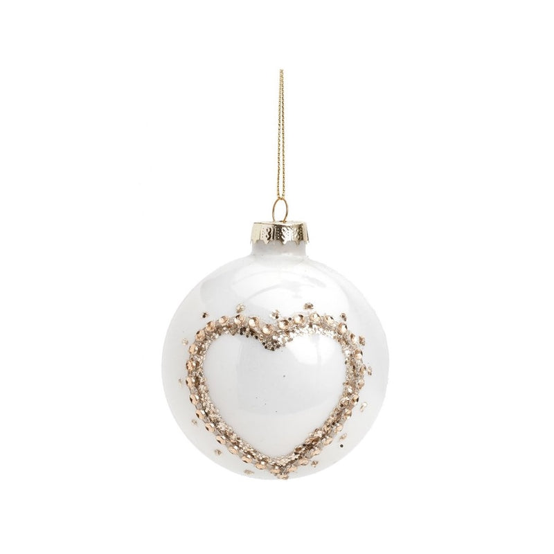 Glossy White with Gold Heart Glass Ball Ornament | Putti Christmas Canada