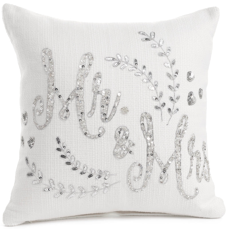 Mr & Mrs Silver Embroidered Cushion | Putti Fine Furnishings Canada