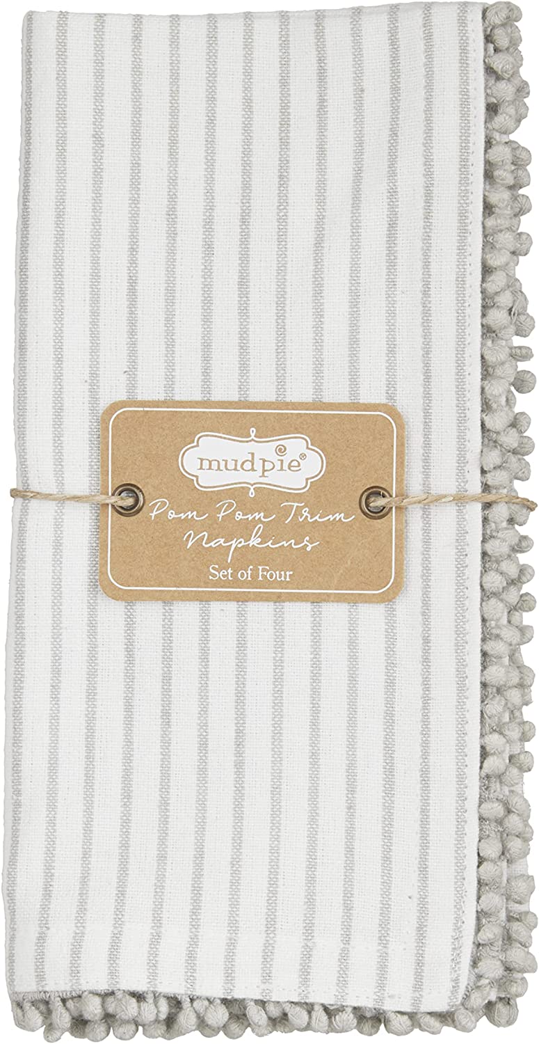 Mud Pie Grey Stripe Cotton Pom Pom Napkin Set