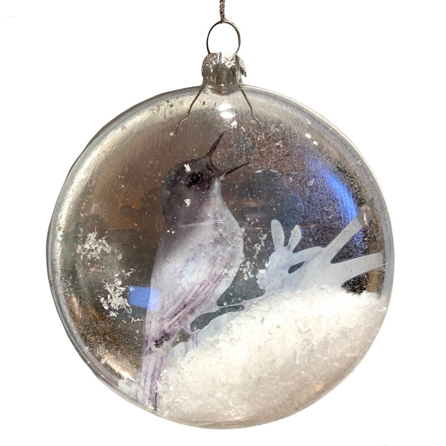 White Bird with Snow Glass Disc Ornament