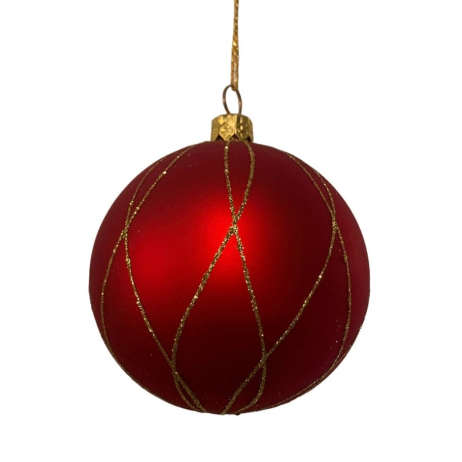 Red with Gold Glitter Trellis Glass Ball Ornament  | Putti Christmas Canada 